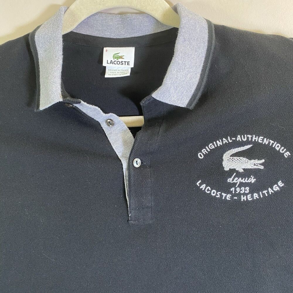 Lacoste Heritage Polo Shirt Mens Size 8 Black 1933 Badge Embroidered Logo Cotton